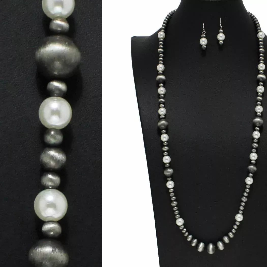 099870 Pearl with Navajo Bead Long Necklace & Earrings Silver Burnished/White