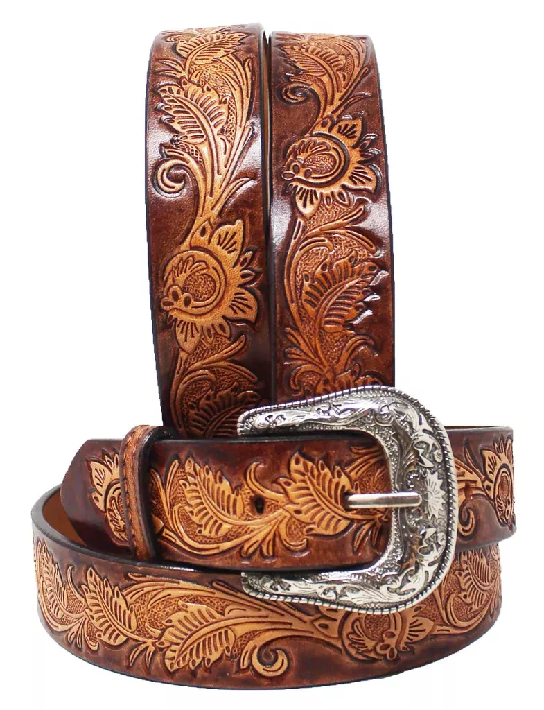 1-1/2" Wide Western Cowboy Antique Floral Tooled Full-Grain Leather Belt 2675RS