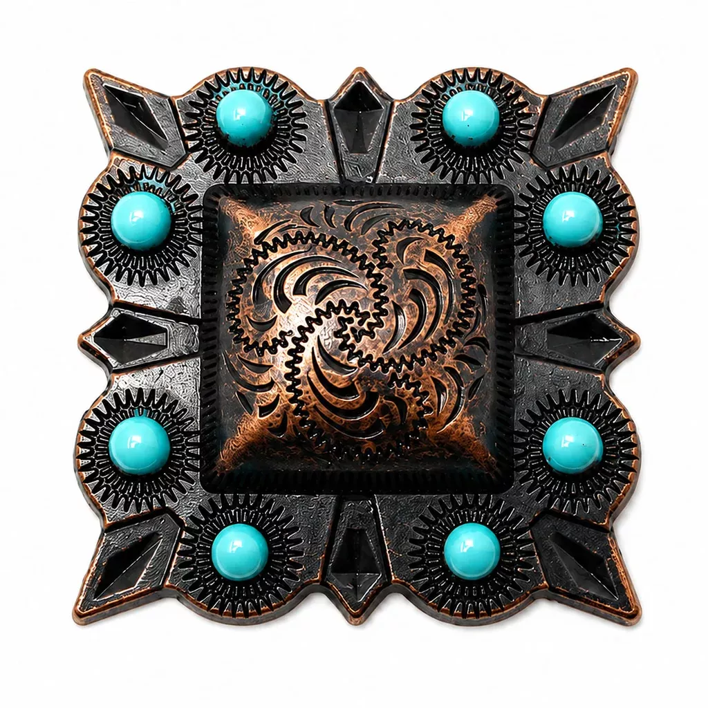 1" Set of 4 Copper Engraved Turquoise Tack Belt Bag Conchos Screw Back CO64