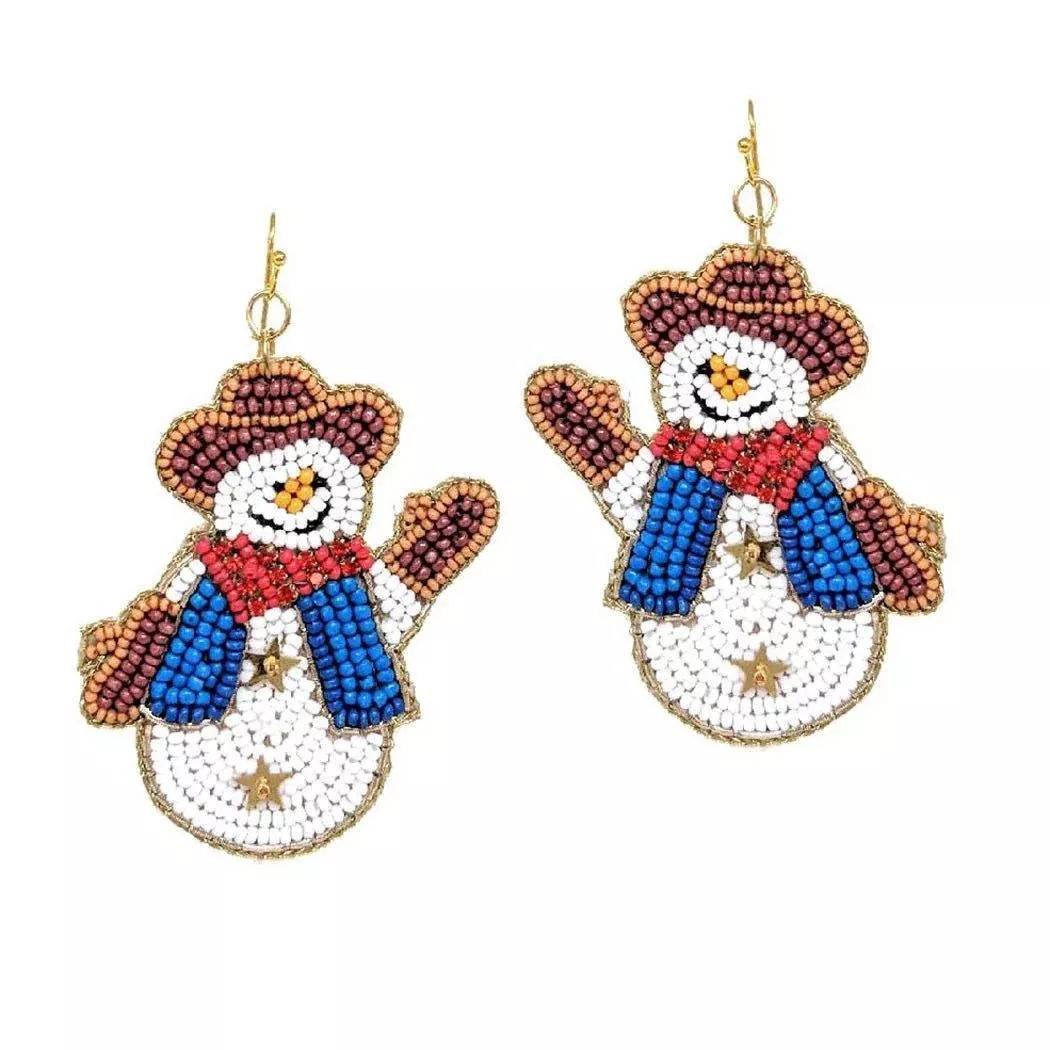 103727 Christmas Western Snowman Seed beaded Dangle Earring