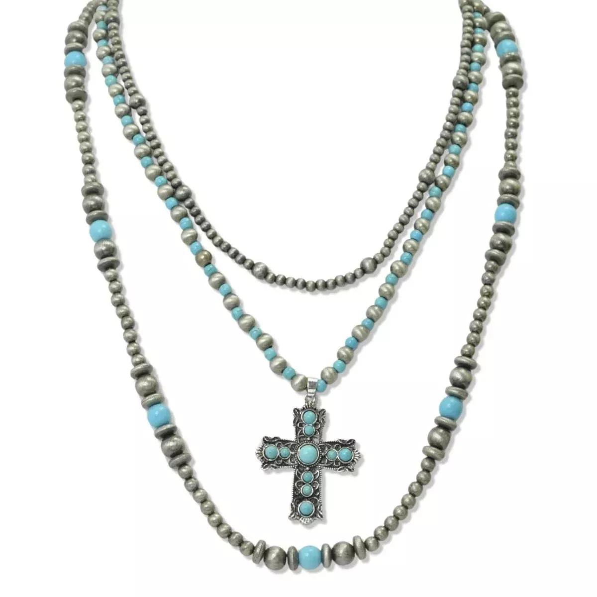 112686 Western Cross Accent Multi Layered Turquoise Navajo Beaded Necklace