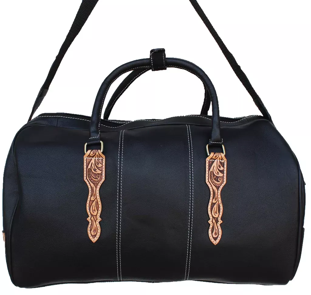 21" Long Handcrafted Black Tooled Leather Carry-On Travel Weekender Duffle Bag 18RT05