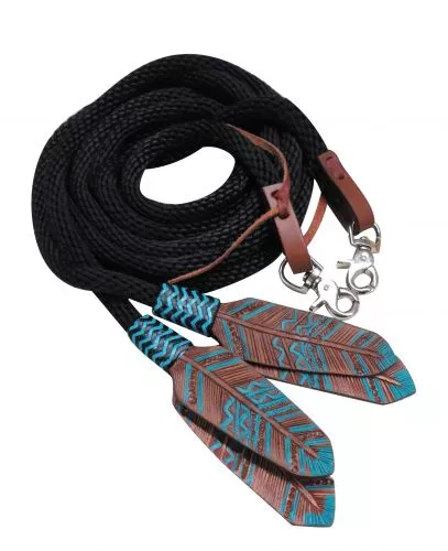 8ft round braided nylon split reins with teal painted feather popper