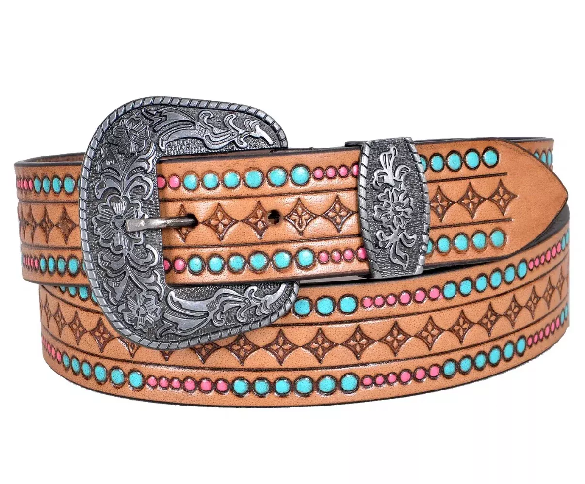 American Bison Pink & Turquoise Stamped Belt
