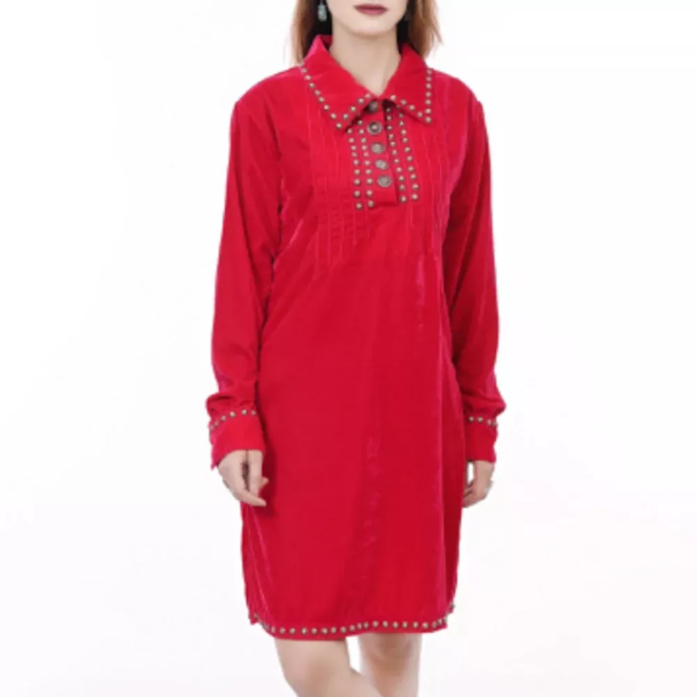 American Darling 100% Cotton Denim Women's Shirt Jacket Dress Ladies Girl Top Red