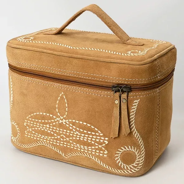 American Darling Genuine Suede Leather Jewelry Case Boot Stitched Embroidery Vegetable-Tanned Western Travel Organizer