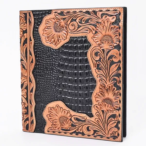 American Darling Portfolio Bag Hand Tooled Floral Carved Crocodile Embossed Genuine Western Leather