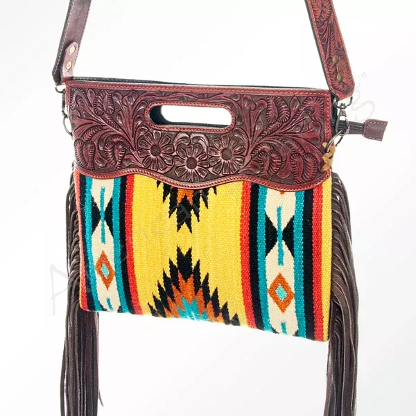 American Darling Signature Cross body Bag Handcrafted from Hand Tooled Leather and Woven Saddle Blanket with Side Fringes