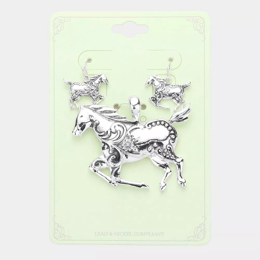 Antique Metal Running Horse Pendant Set