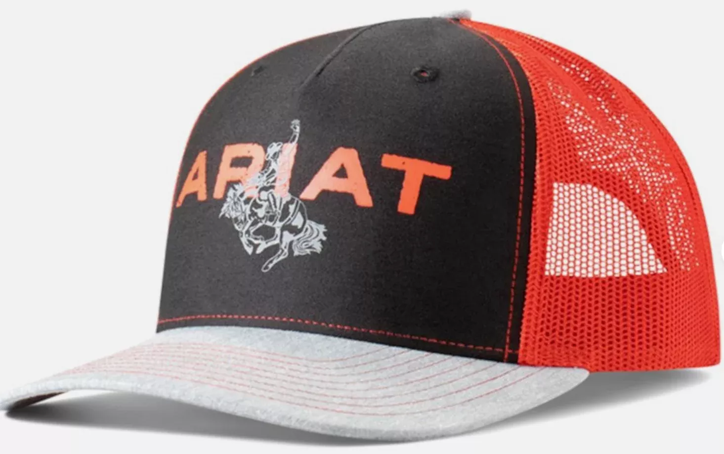 Ariat Mens Bucking Bronco Motif Adjustable Snapback Mesh Cap Hat (Black/Red)