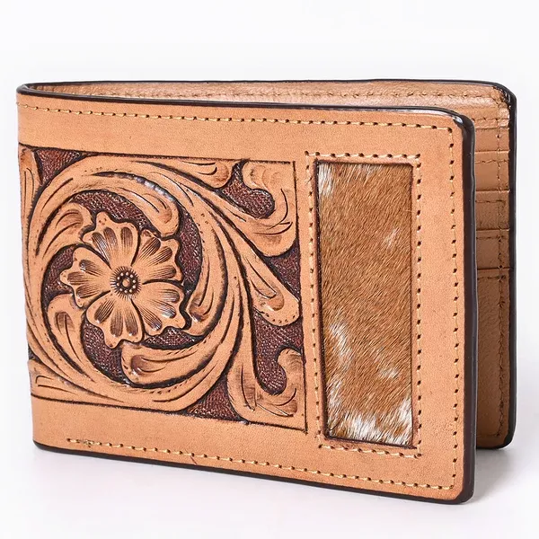 Bar H Equine Floral Hand Carved Leather Rodeo Bifold Wallet For Men Women Tan