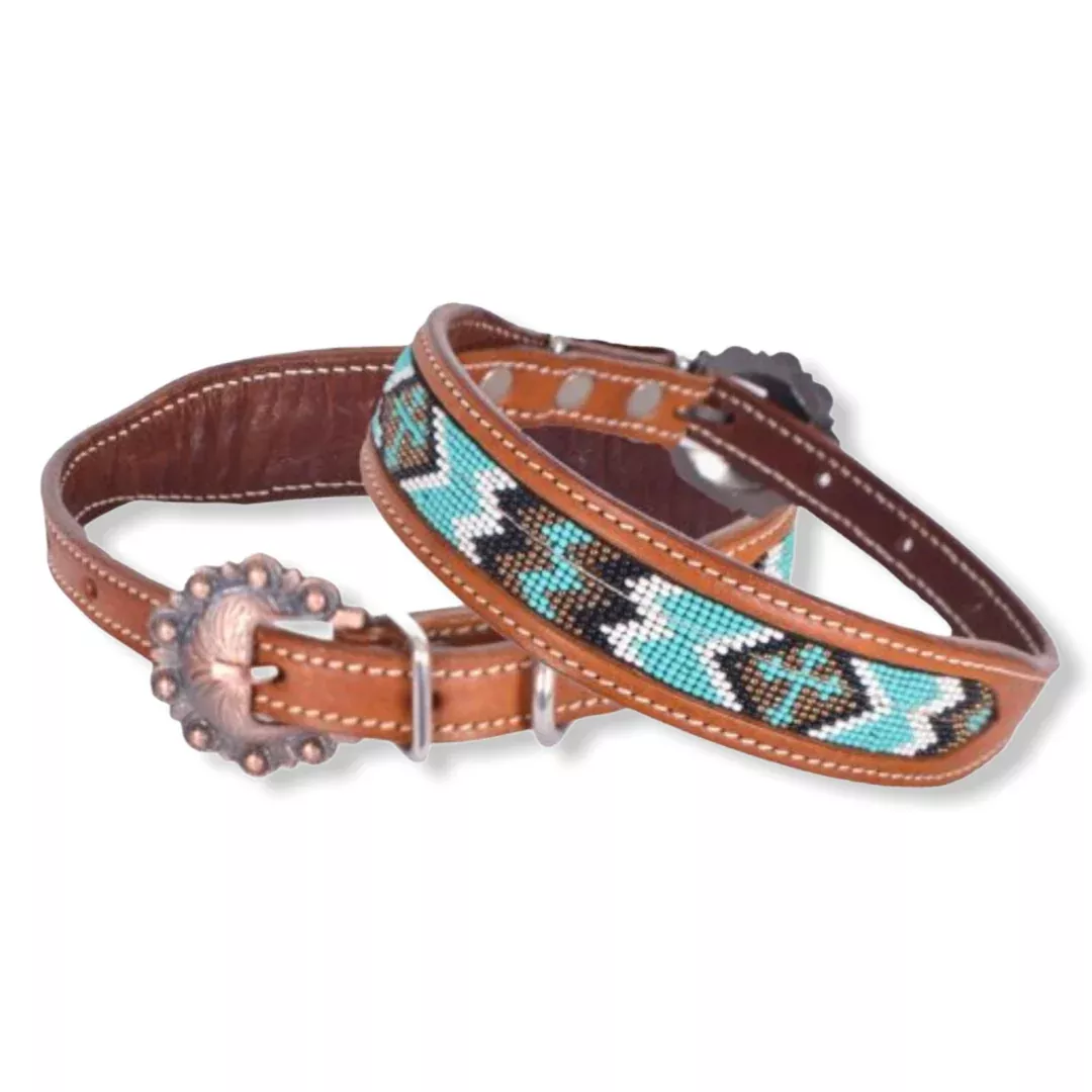 Beaded inlay leather dog collar with copper buckle