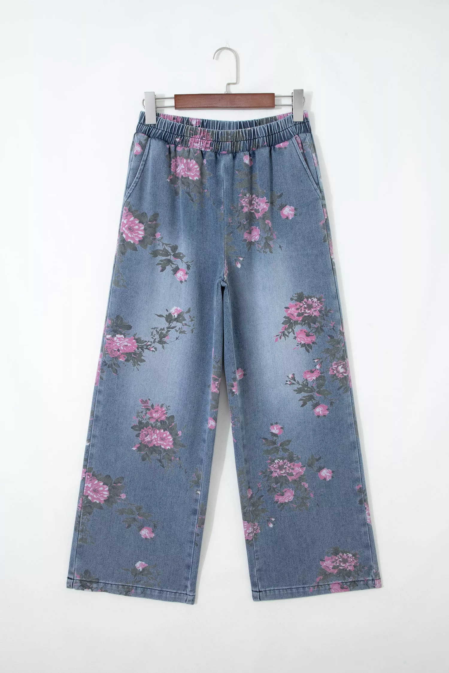 Beau Blue Floral Print Elastic Waist Pull On Casual Jeans