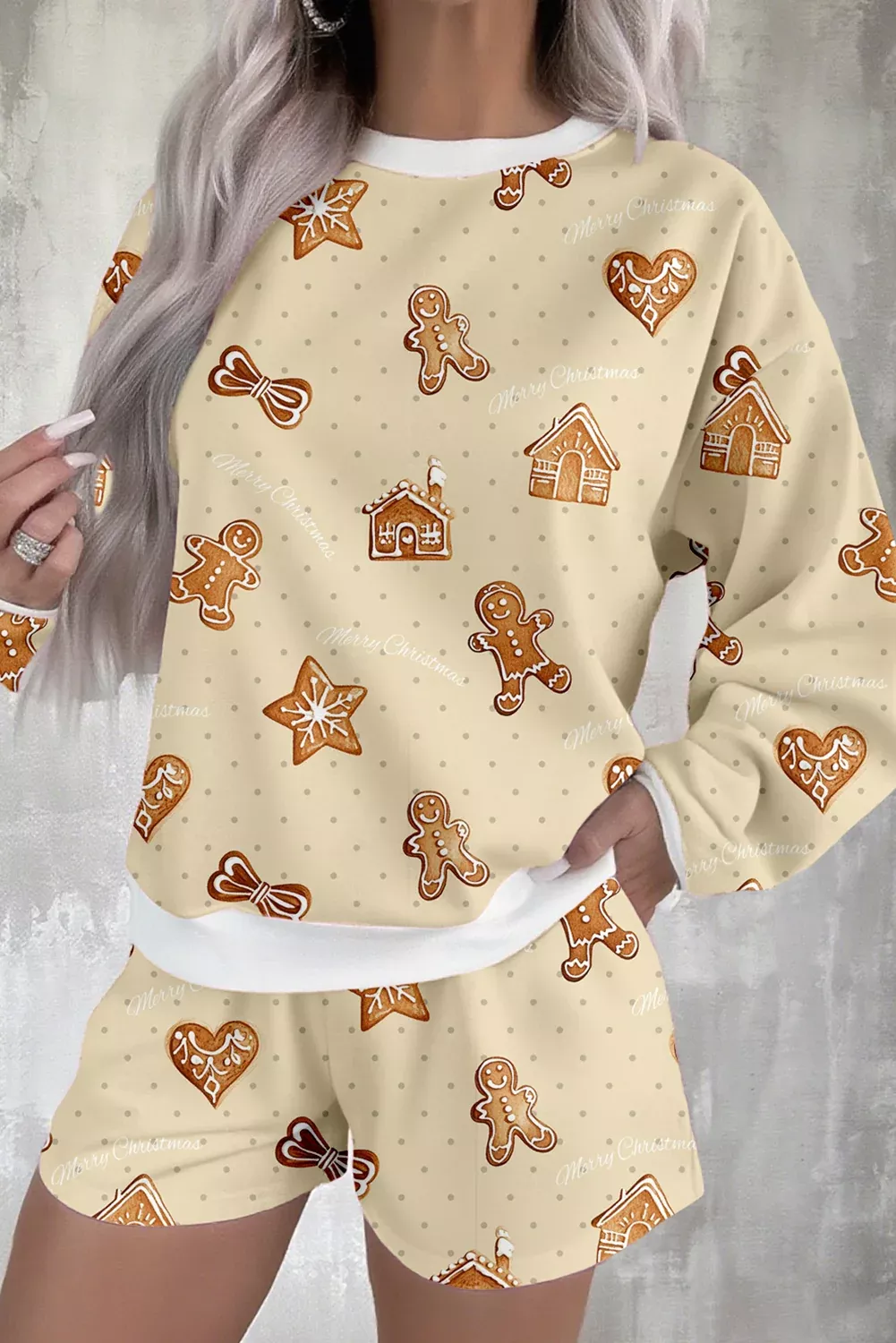 Beige Gingerbread Man Christmas Print Long Sleeve Pullover Lounge Short Set