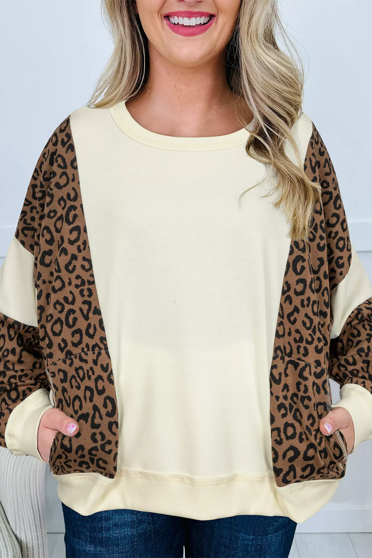 Beige Raw Seam Color Block Leopard Patchwork Baggy Long Sleeve Top