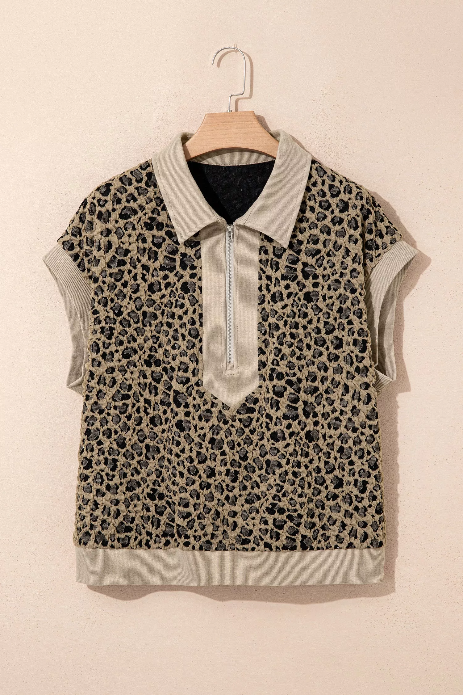 Beige Ribbed Patchwork Collar Cuffed Sleeve Leopard Plus Top