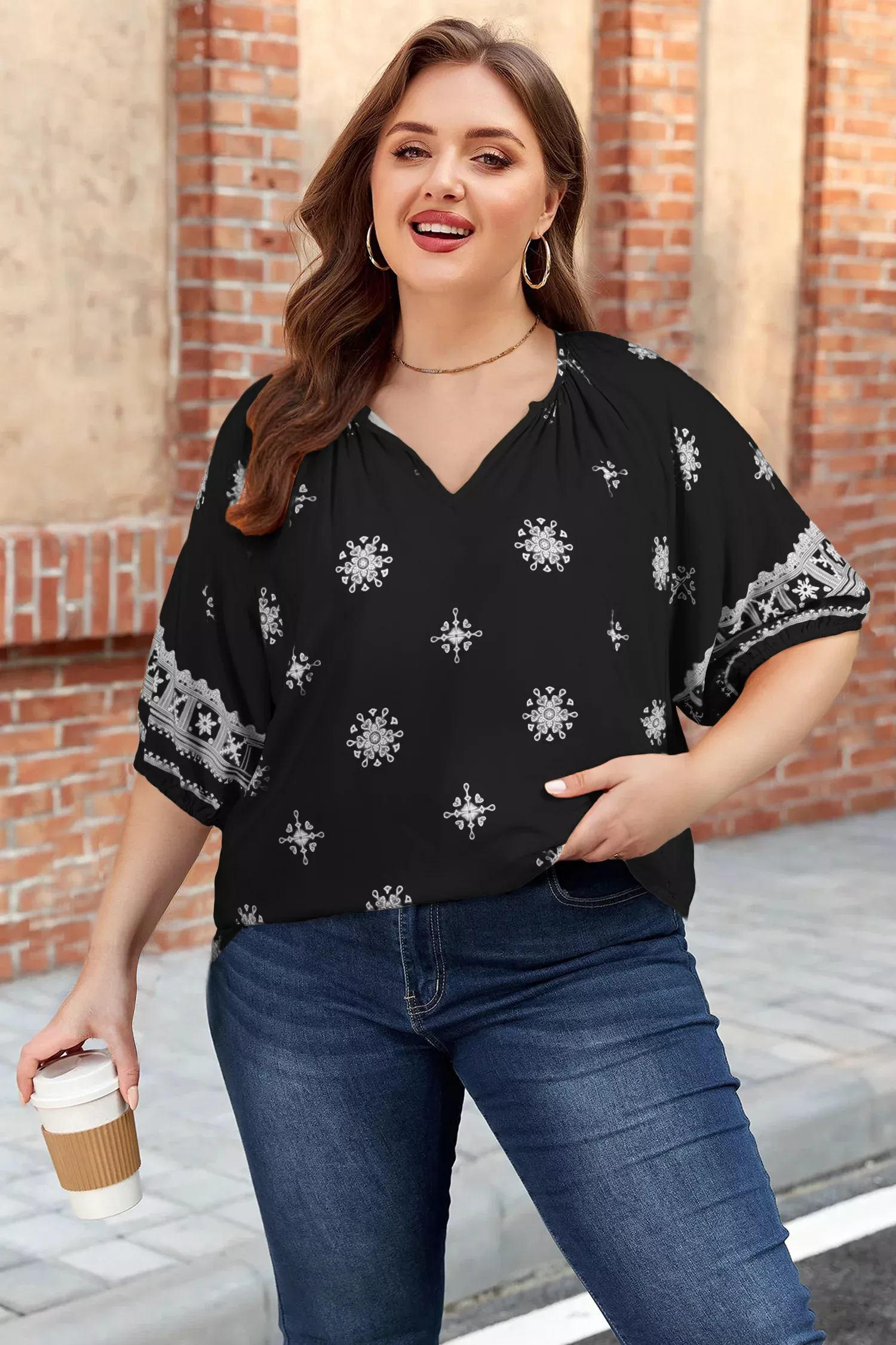 Black Boho Chic Notched V Neck Plus Floral Short Sleeve Top