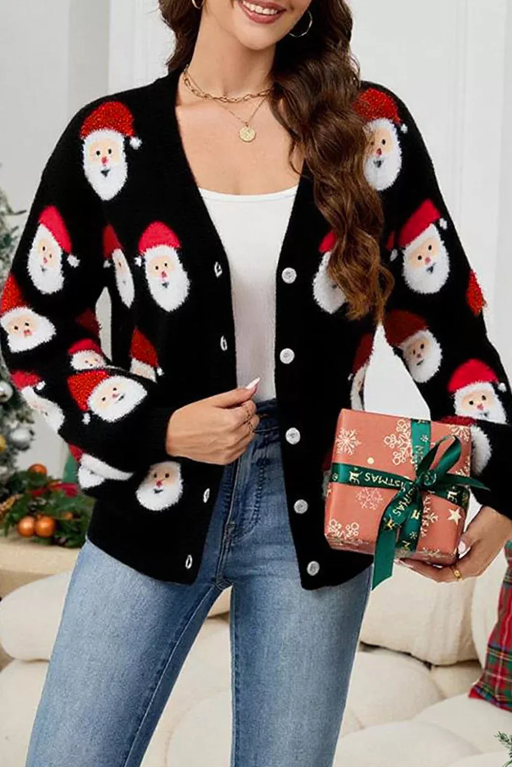 Black Christmas Santa Claus Pattern Button V Neck Sweater Cardigan