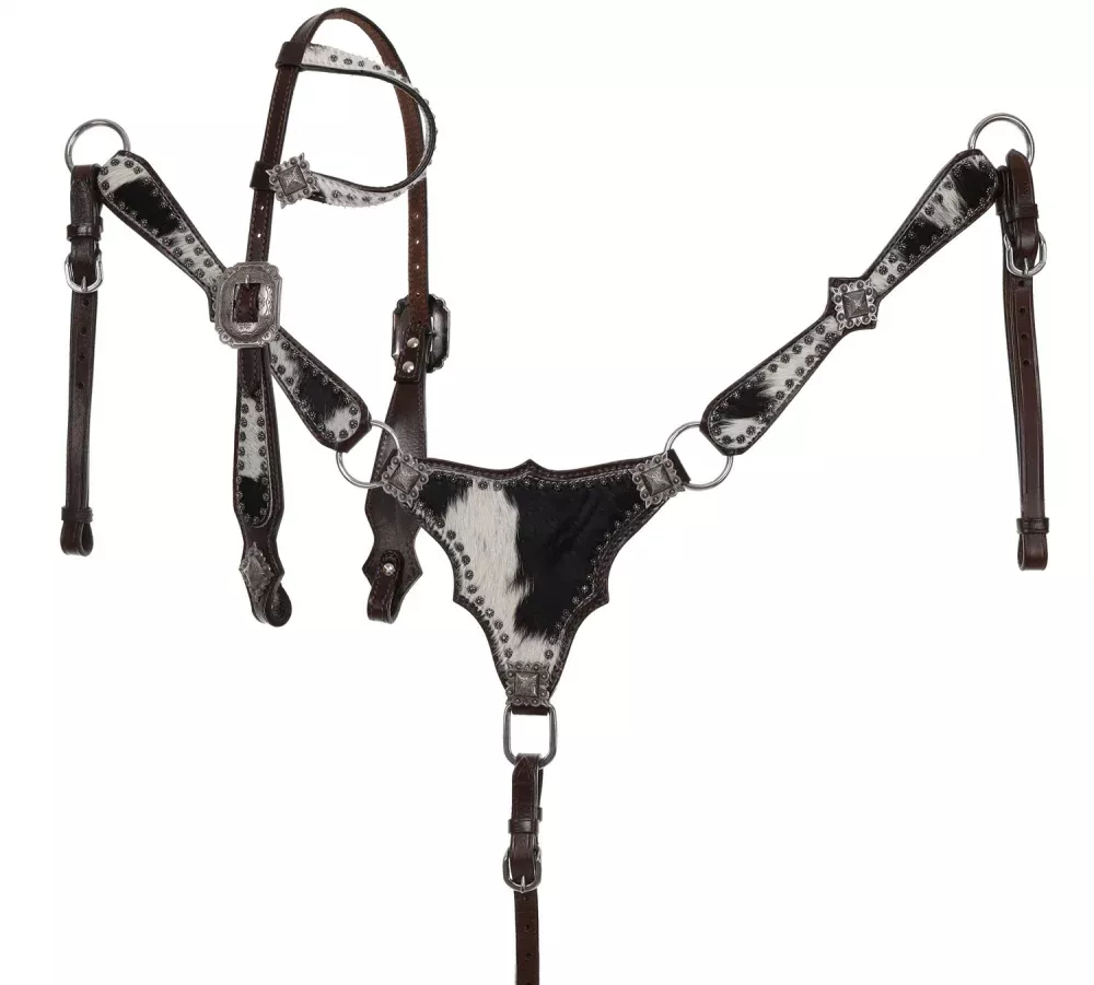 Black Cowhide Starlight Hide One Ear Headstall and Breastcollar Tack Set