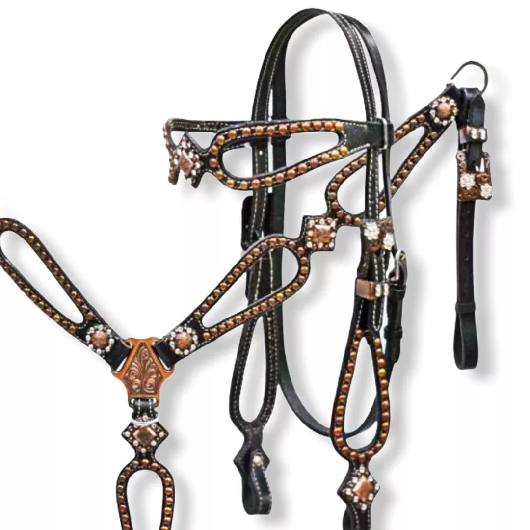 Black leather headstall and breast collar set with copper studs and copper engraved conchos