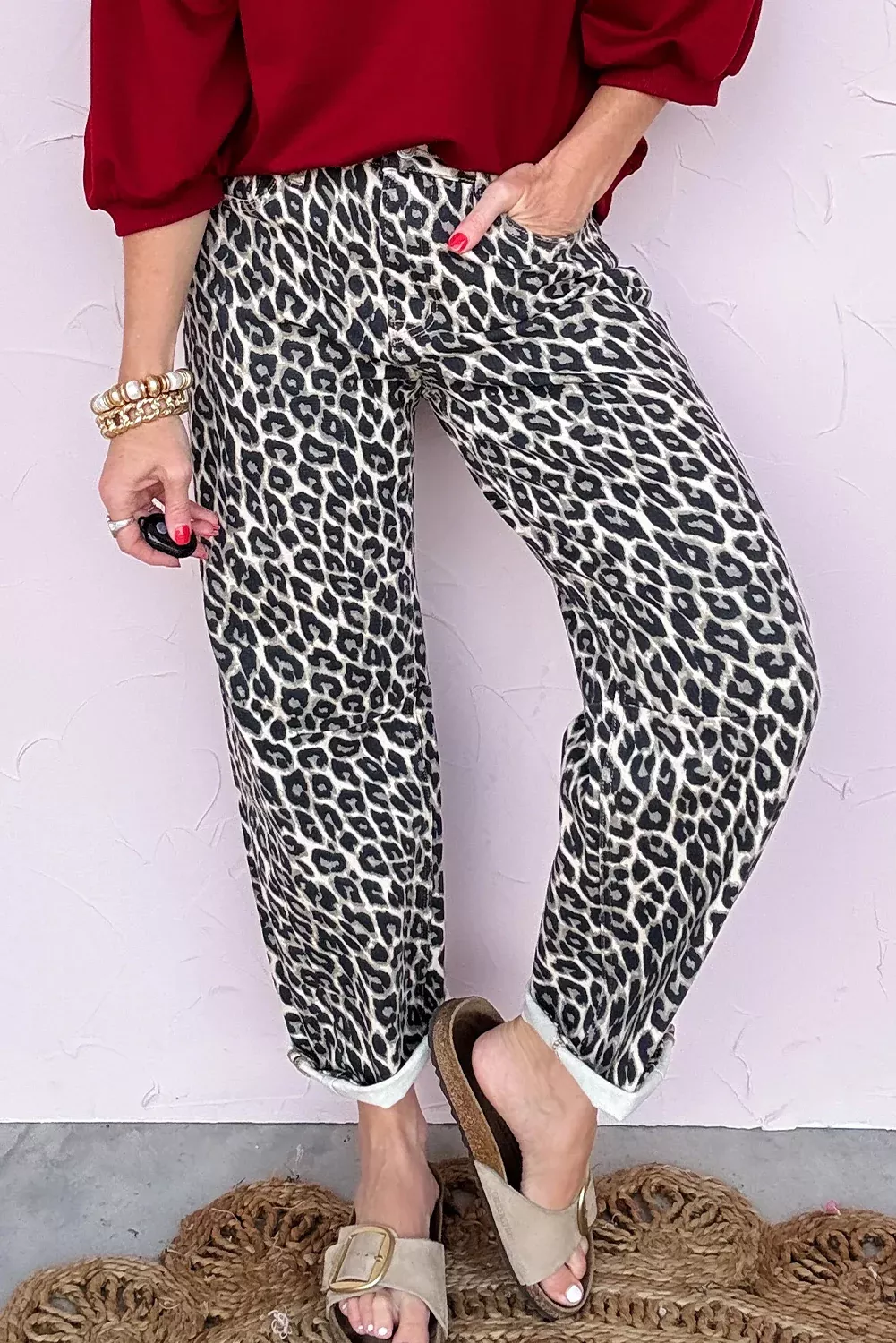 Black Leopard Print Barrel Jeans