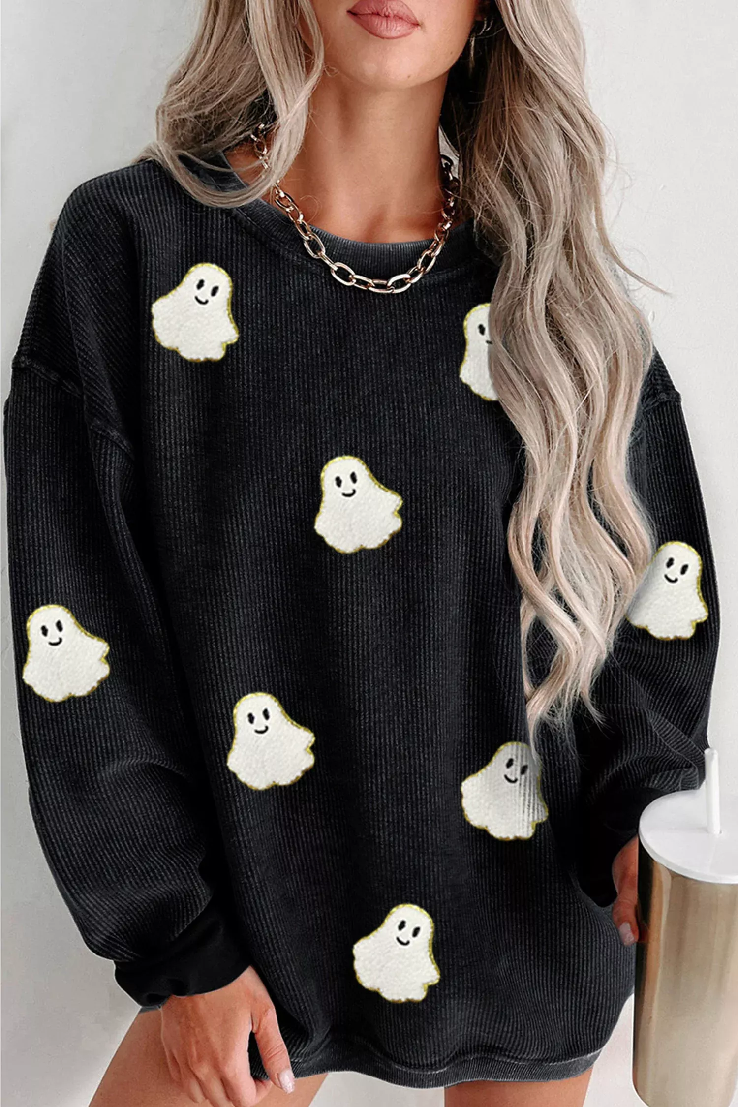 Black Oversized Ghost Print Pullover Corded Sweatshirt