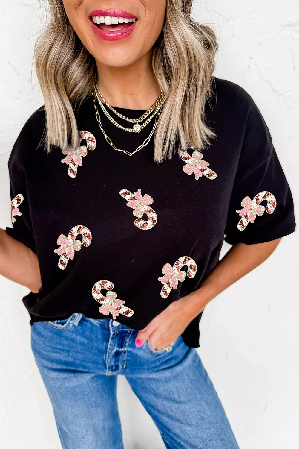 Black Sequined Candy Cane Patched Pattern Holiday T Shirt
