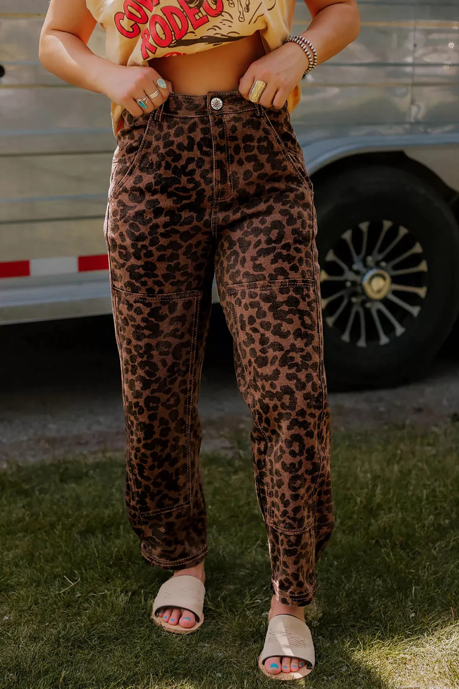 Brown Clear Seam Detail Patchwork Leopard Print Barrel Jeans