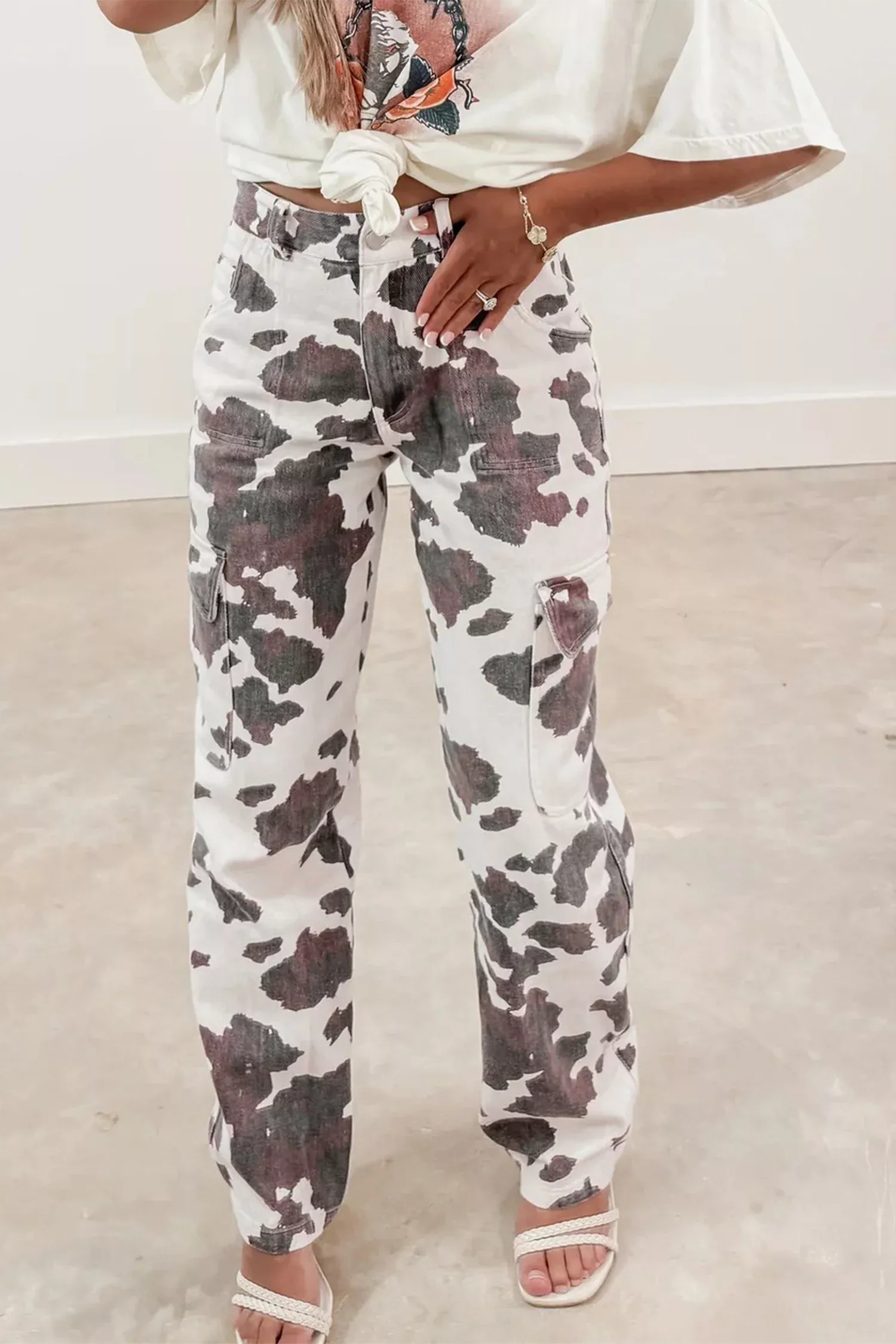 Brown Cow Spots Printed Multi Pocketed Jeans