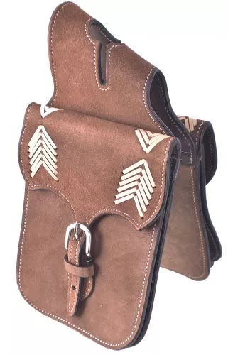 Brown Roughout Leather horn bag with rawhide arrow inlays
