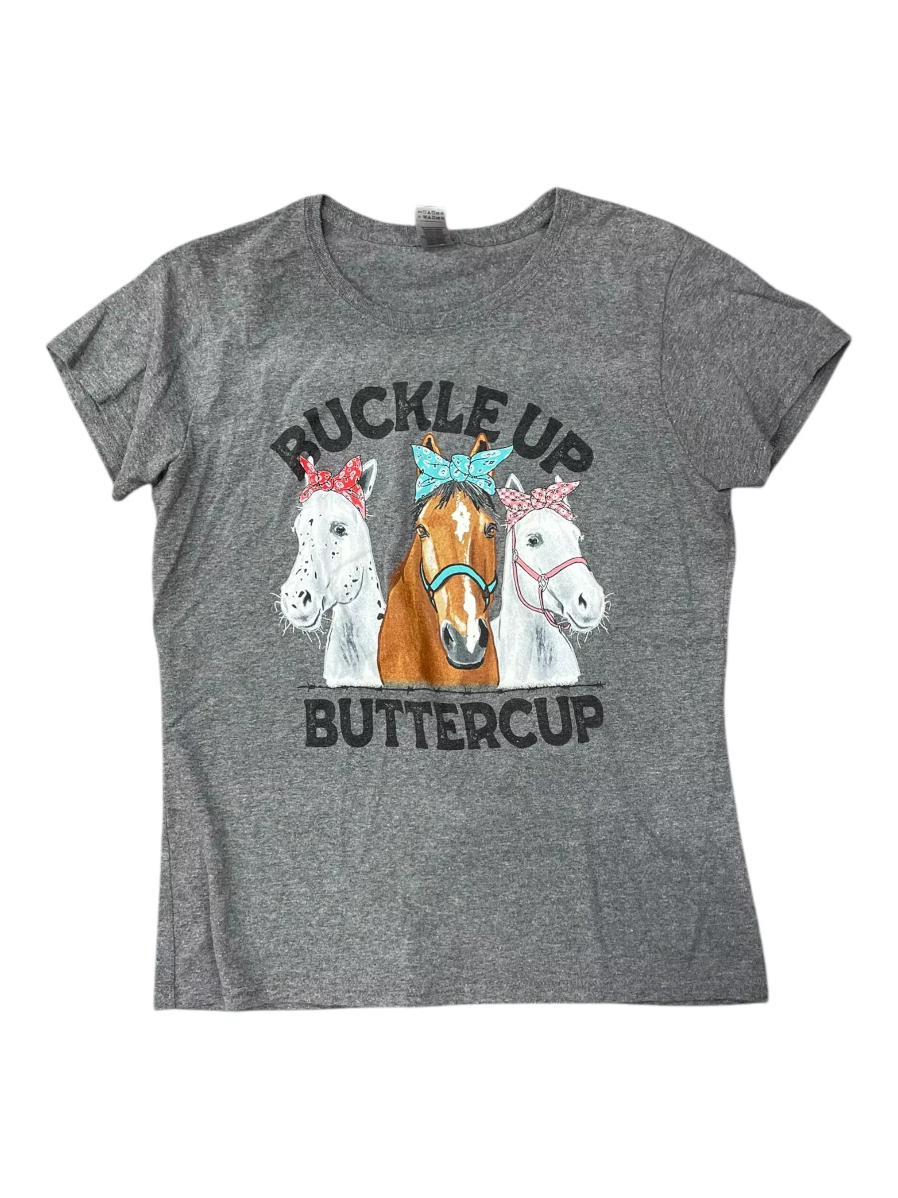 Buckle Up Buttercup Tee - Grey/Print - Ladies L - USED