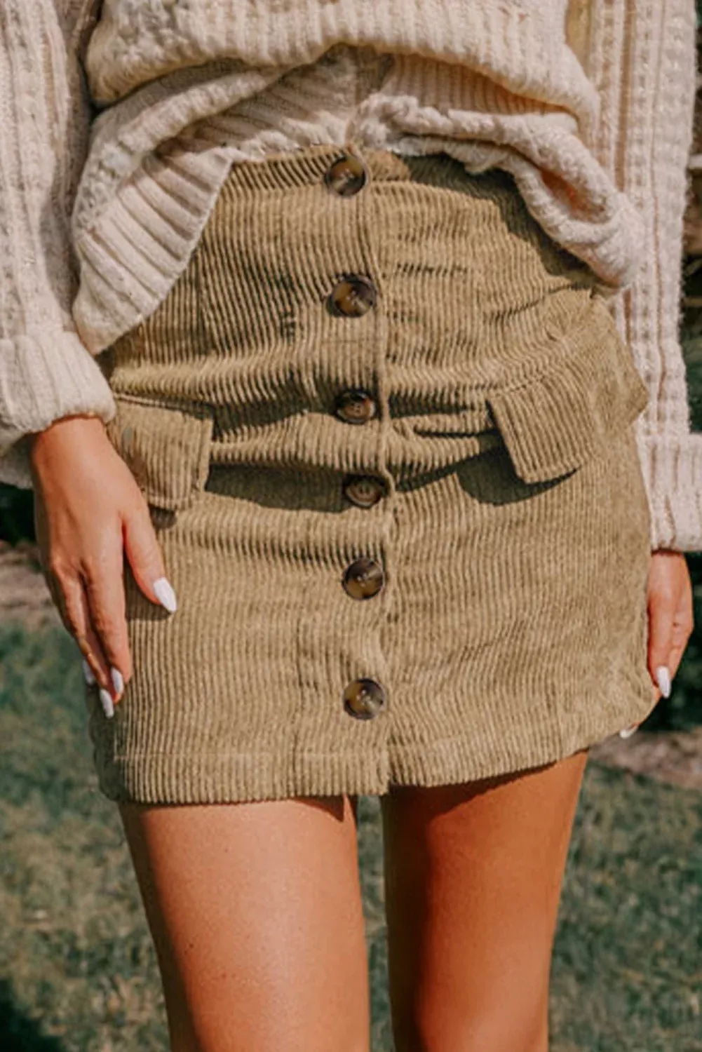 Camel Corduroy Buttoned Front Faux Pockets Mini Skirt