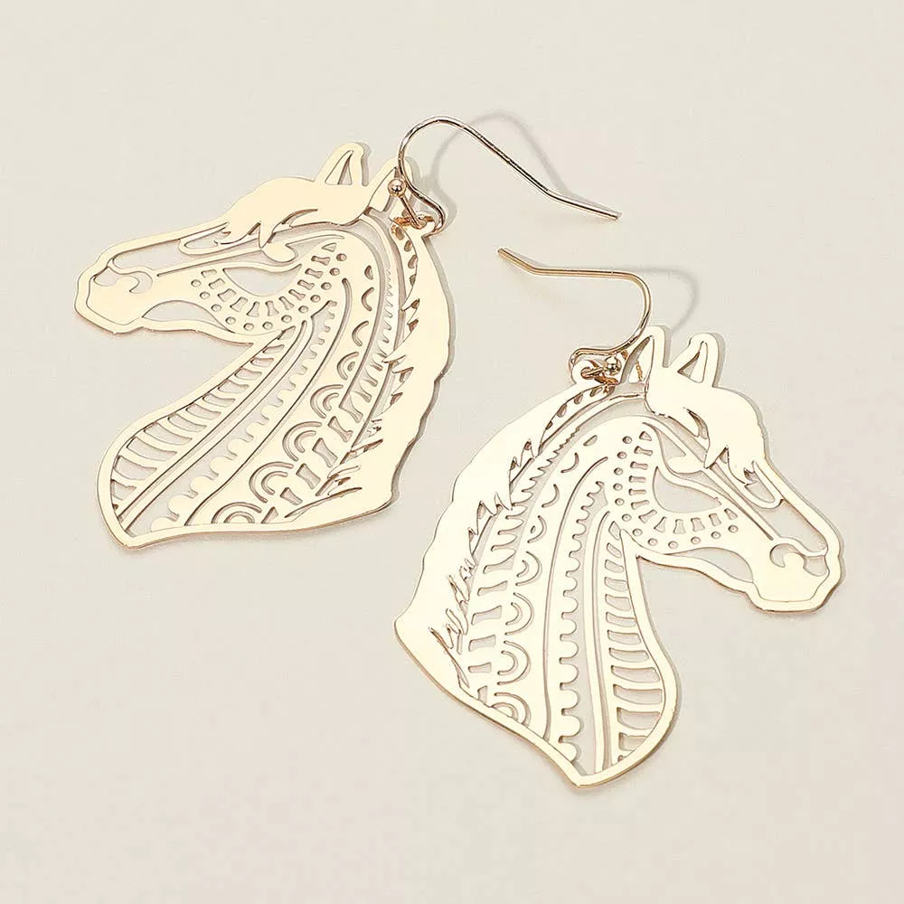 Cut Out Brass Metal Horse Dangle Earrings