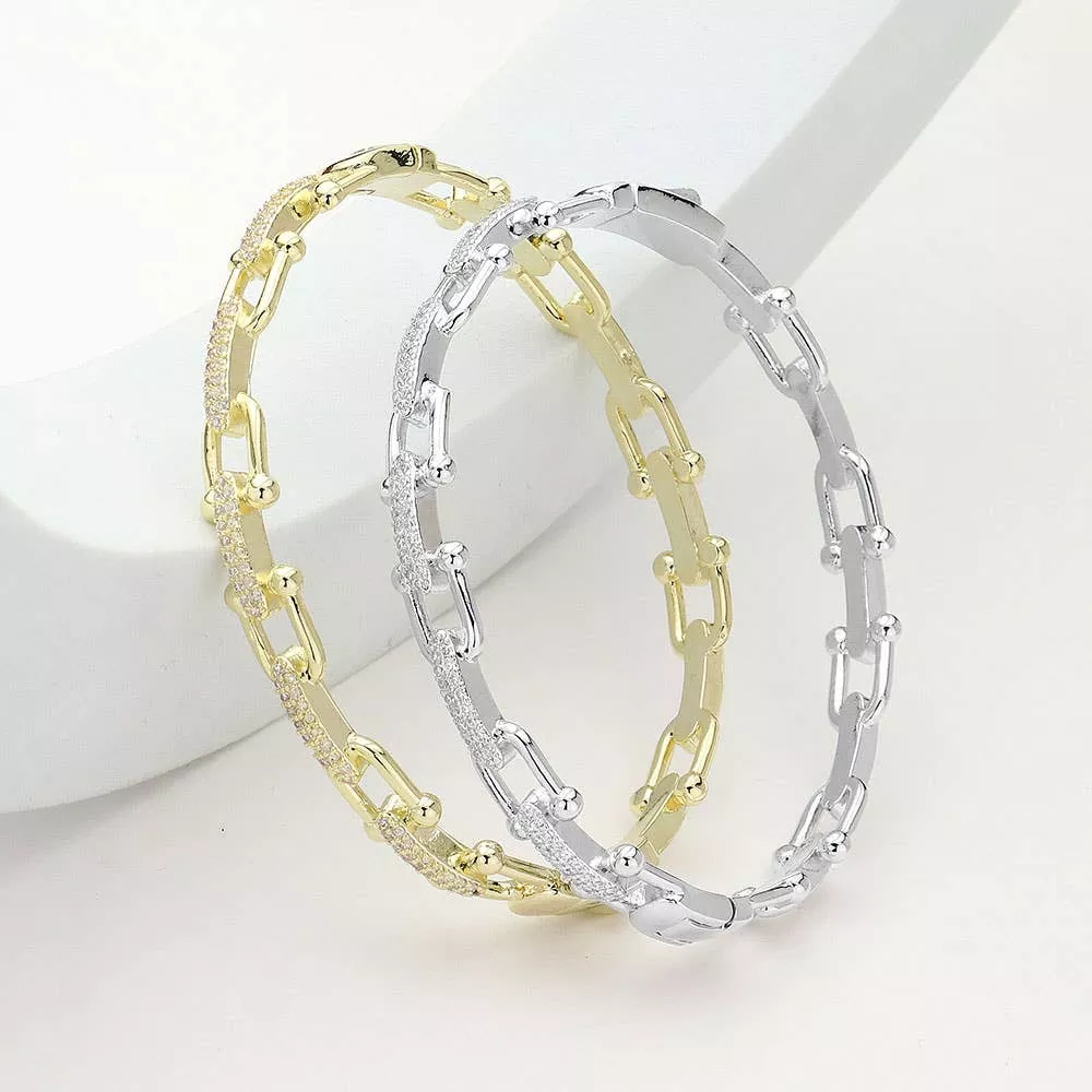 CZ Stone Paved Horseshoe Buckle Hinged Bangle Bracelet