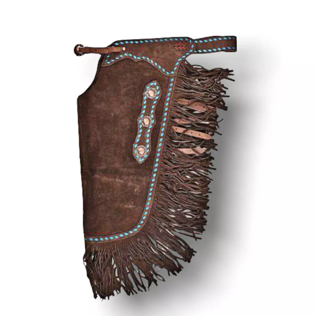 DARK BROWN SUEDE LEATHER CHINKS WITH TURQUOISE BUCKSTITCH