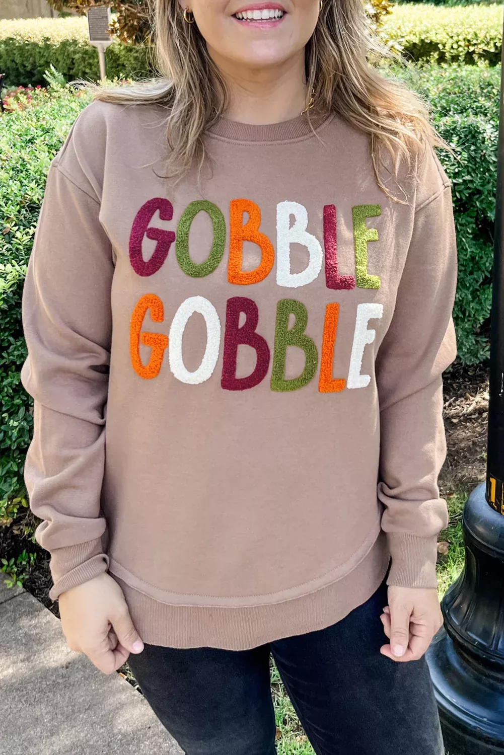 Dark Khaki GOBBLE Letter Graphic Thanksgiving Shift Sweatshirt