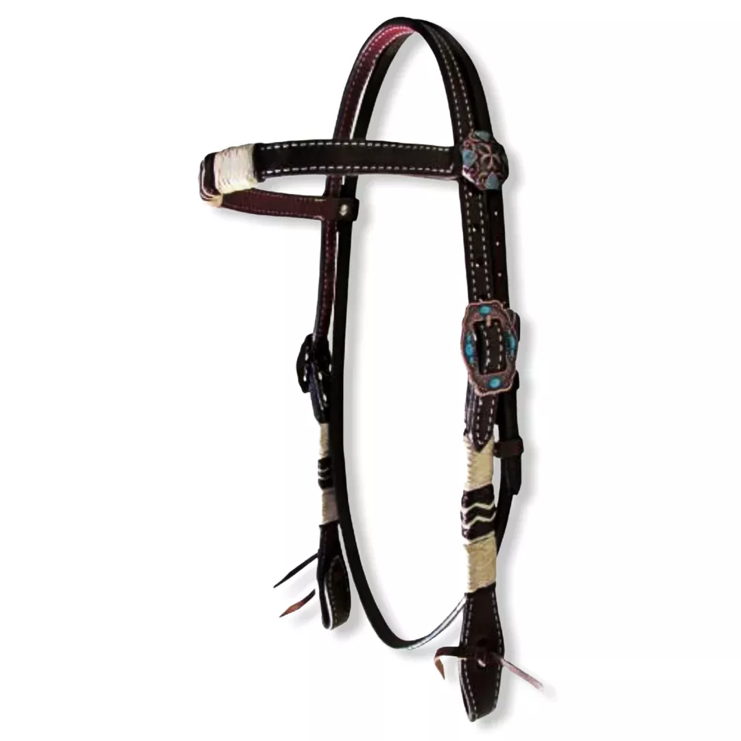 DOUBLE STITCHED ARGENTINA LEATHER BROWBAND HEADSTALL WITH RAWHIDE BRAIDING