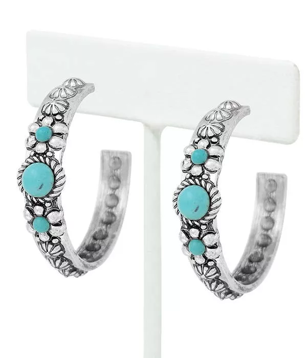 ( E474 )WESTERN THEME TURQUOISE HOOP EARRING - CONCHO
