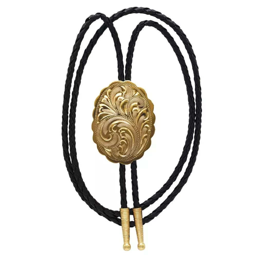 Engraved Gold Scalloped Oval German Silver Bolo Tie BT-529