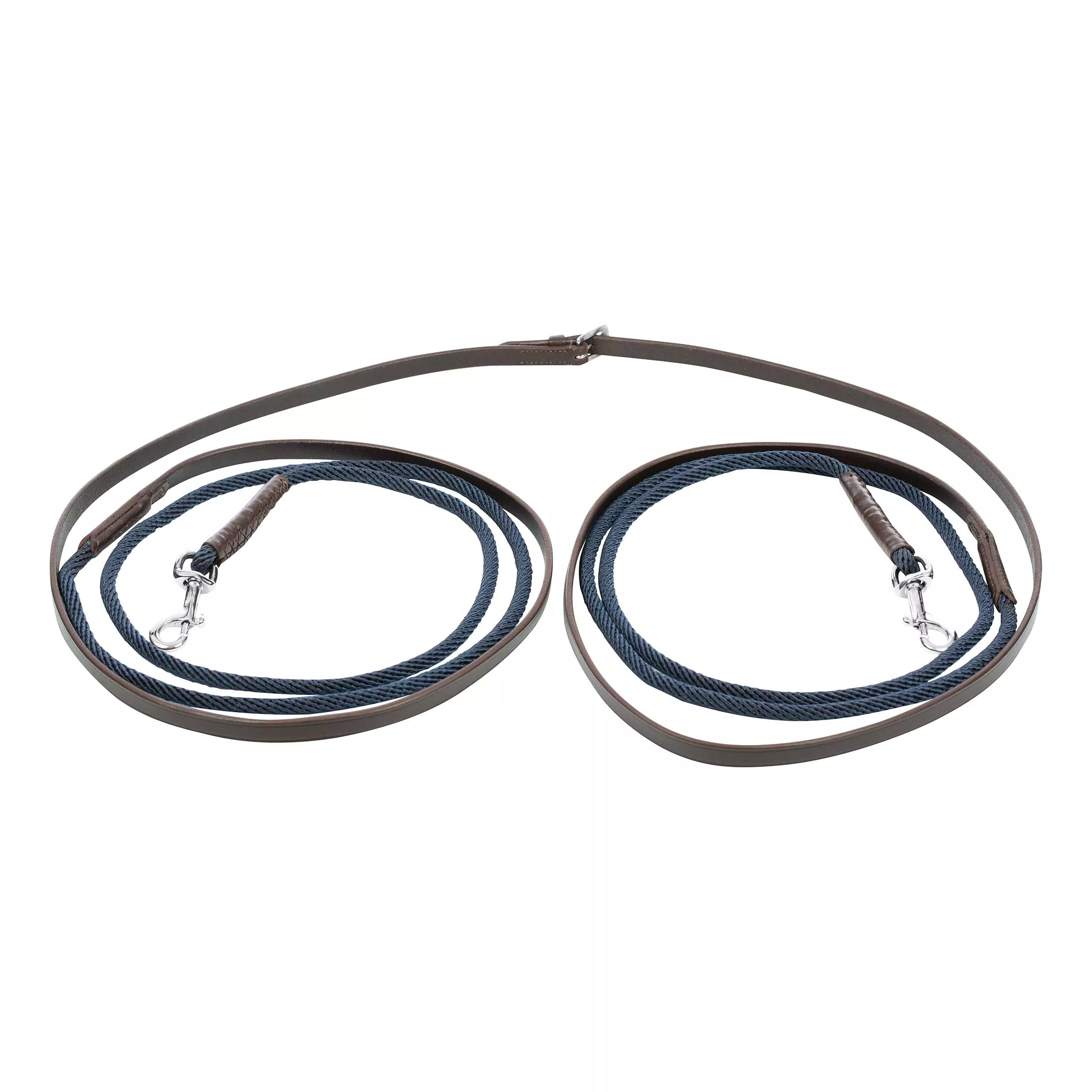 Equinavia Saga Leather Rope Front Draw Reins - Chocolate Brown/Navy