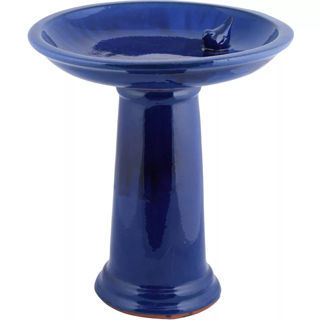 Esschert Design Ceramic Birdbath on Pedestal with Bird, Blue