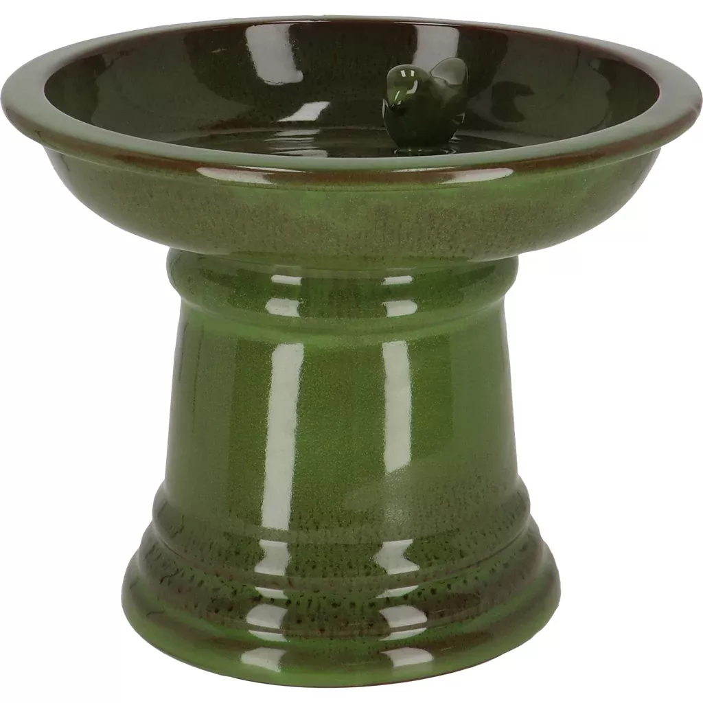 Esschert Design Ceramic Round Birdbath on Foot, Green
