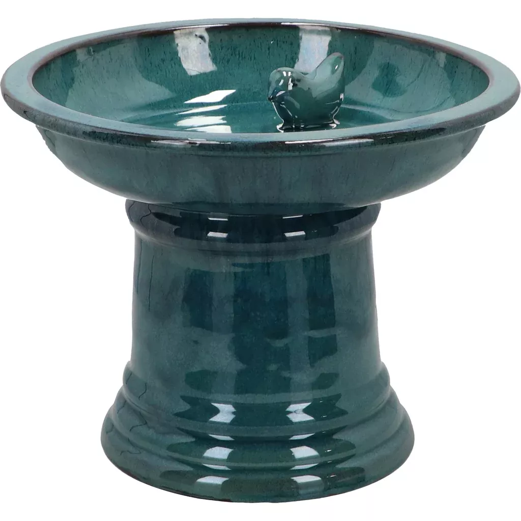 Esschert Design Ceramic Round Birdbath on Foot, Petrol