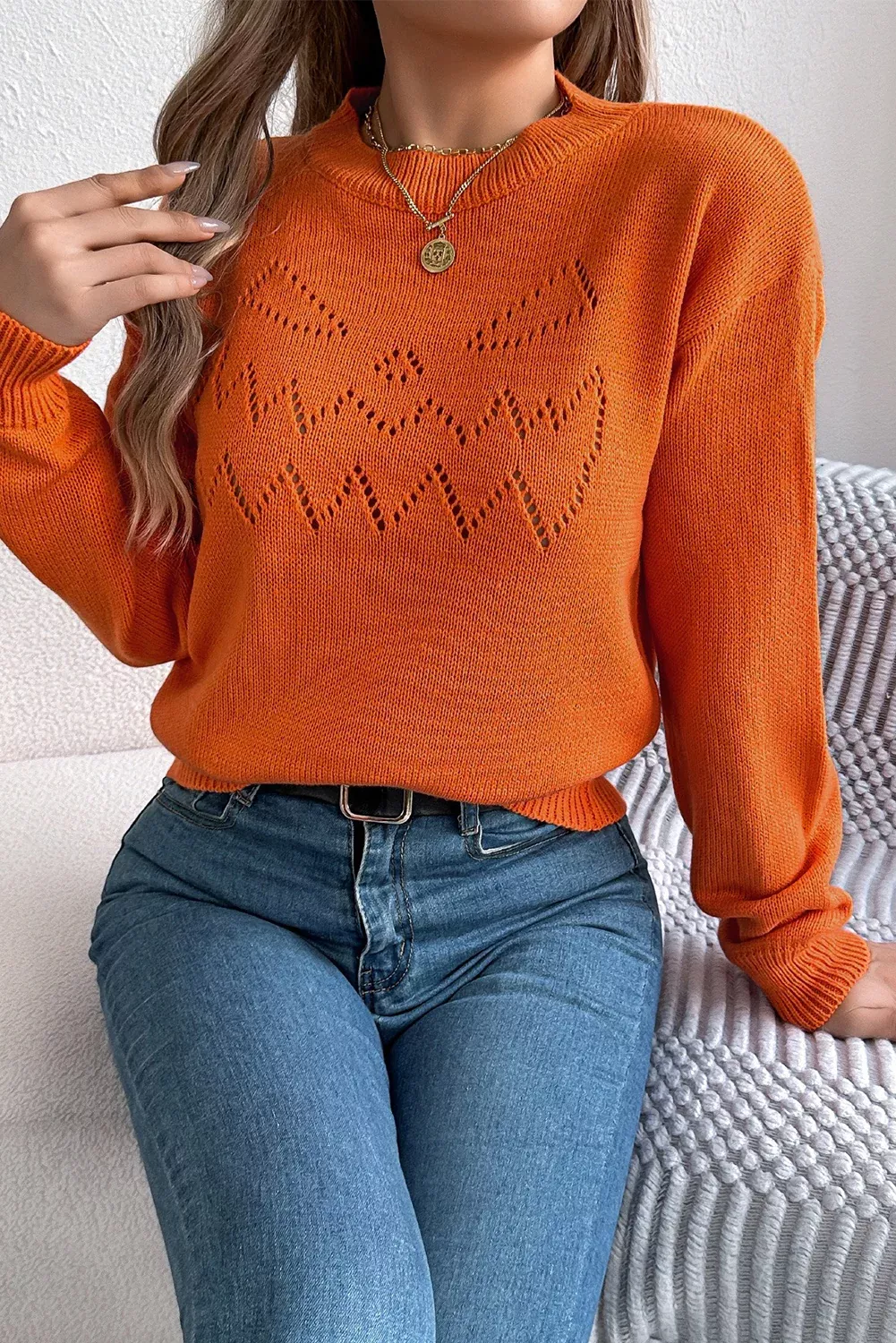 Flamingo Halloween Spooky Face Hollowed Pattern Casual Sweater