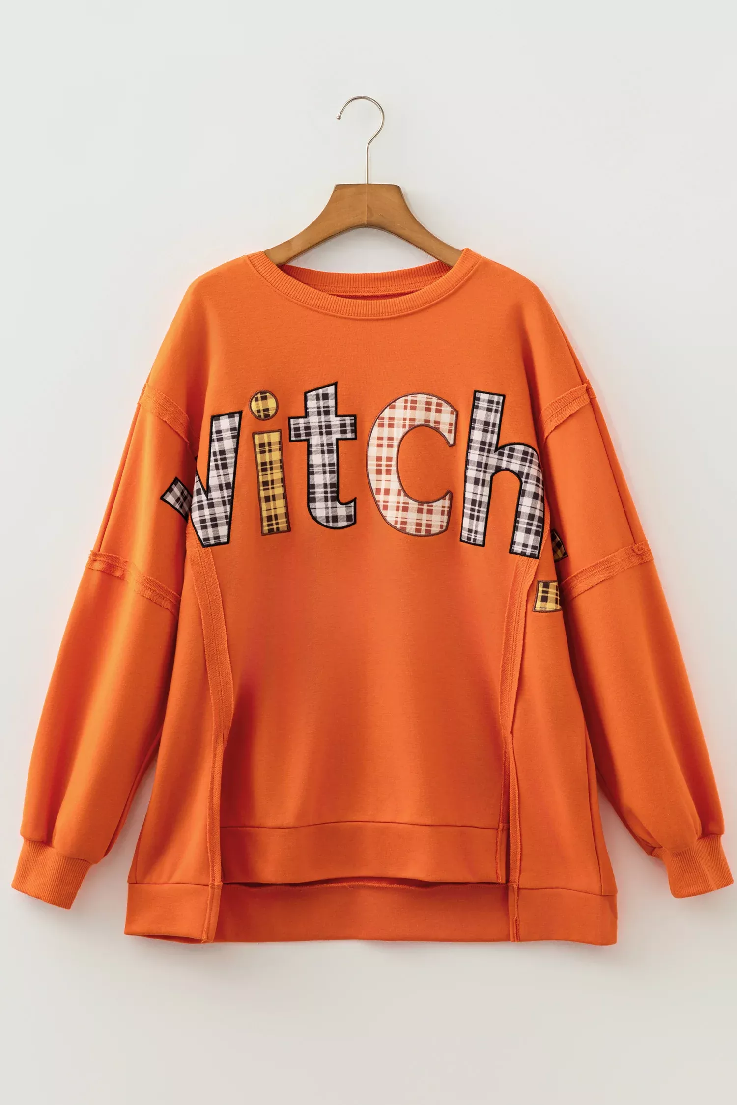 Flamingo Halloween Witchy Plaid Slogan Embroidered Patch Tunic Sweatshirt
