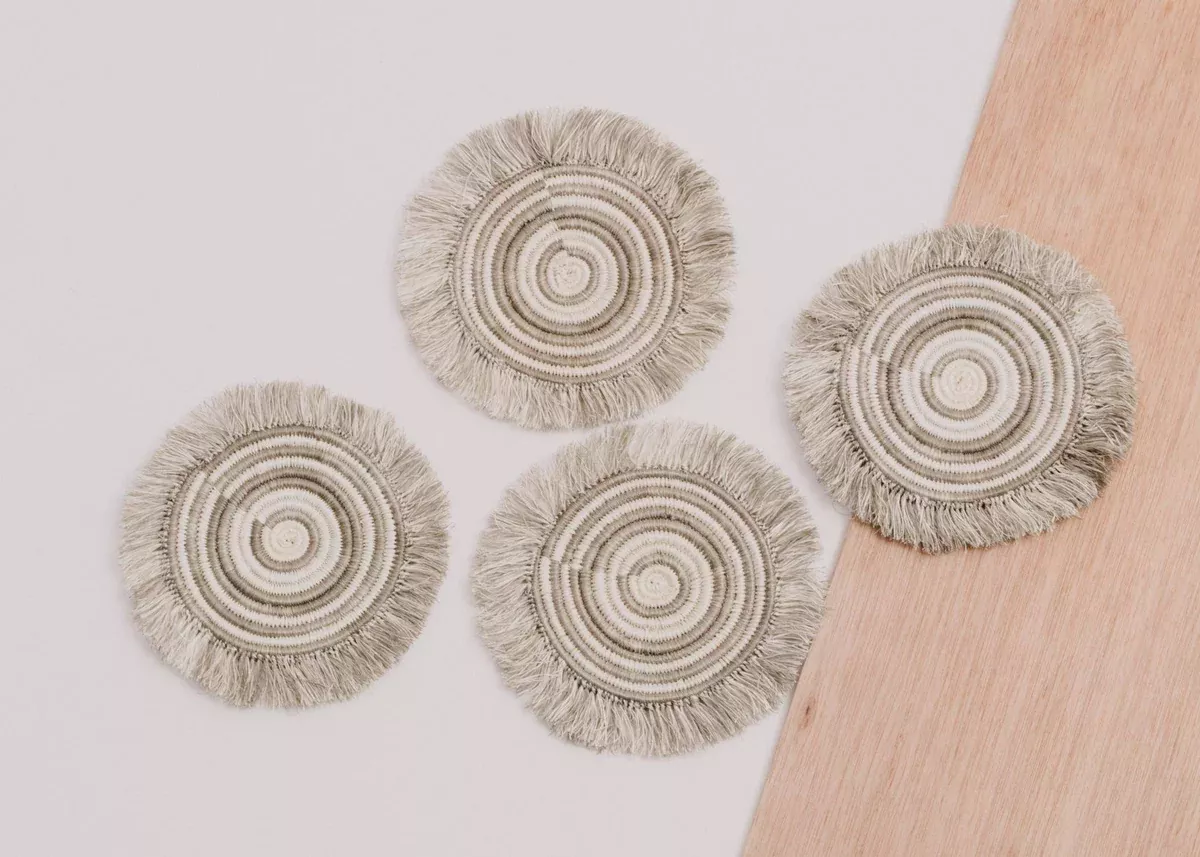 Fringed Taupe Geo Coaster - Set Of 4