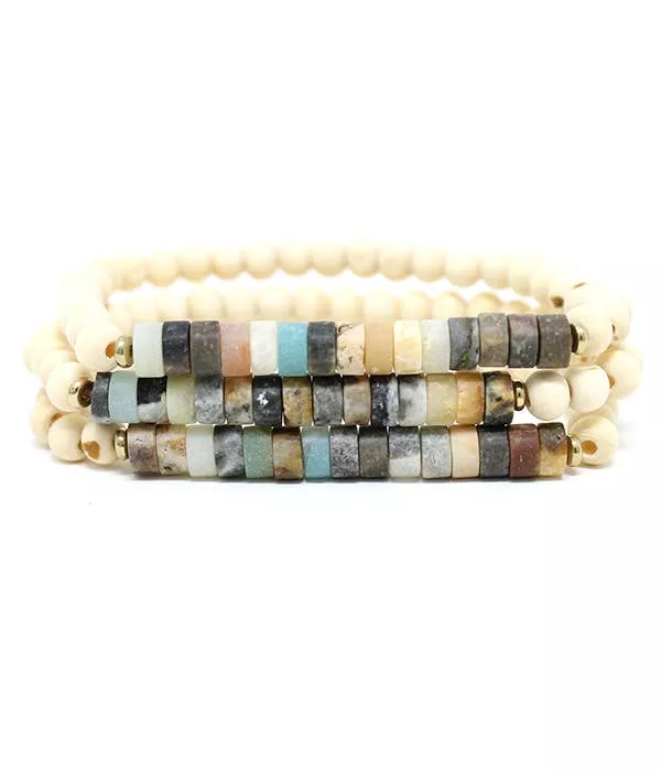 ( G747 )WOOD AND STONE BEAD MIX 3 STRETCH BRACELET SET