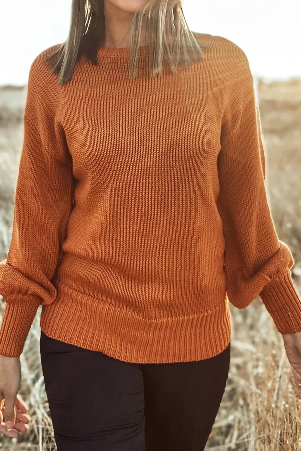 Gold Flame Solid Color Ribbed Trim Drop Shoulder Sweater