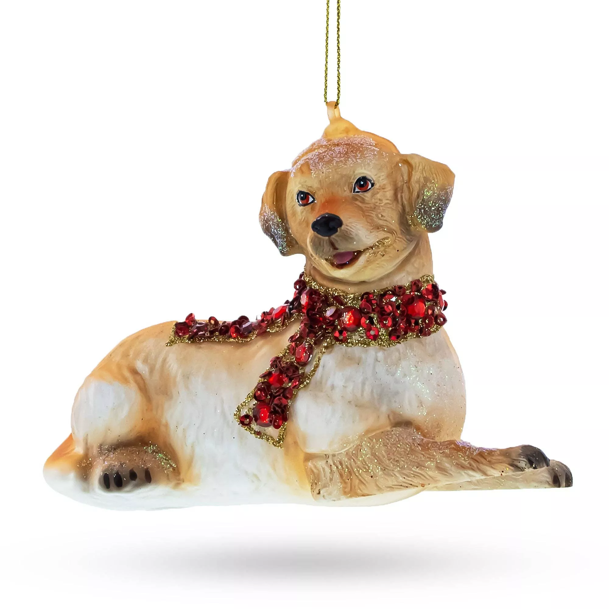 Golden Retriever with Jeweled Collar Glass Ornament
