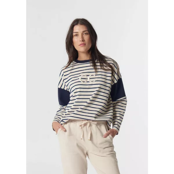 Goondiwindi Cotton Sweater | Stripe Logo | Birch / Dark Navy